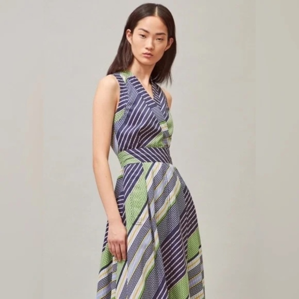 Tory Burch Navy, Lime & White Striped Midi Dress